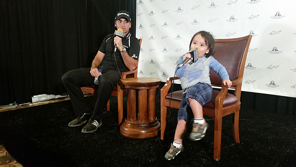 Two year Dash Day steals the limelight from dad Jason at the Franklin Templeton Shootout post victory press conference. (Photo - www.golfbytourmiss.com)