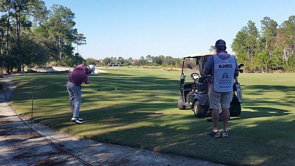 Graeme McDowell plays his second shot down the last and leading his team to second place on Wednesday's Pro-Am. (Photo - www.golffile.ie)
