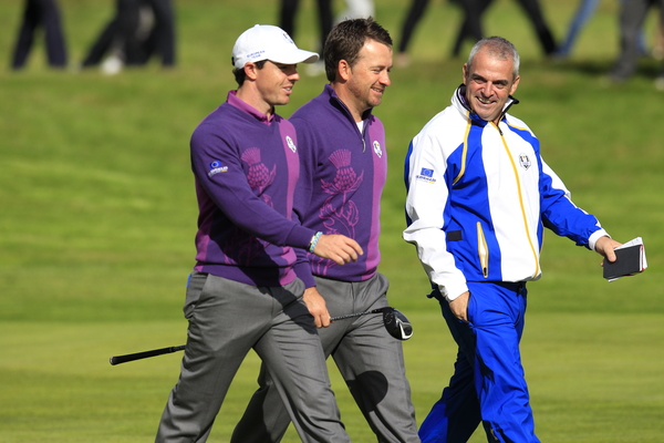 Paul McGinley walking with his likely 2016 Irish Olympians during the recent Ryder Cup. (Photo - Eoin Clarke/www.golffiile.ie)
