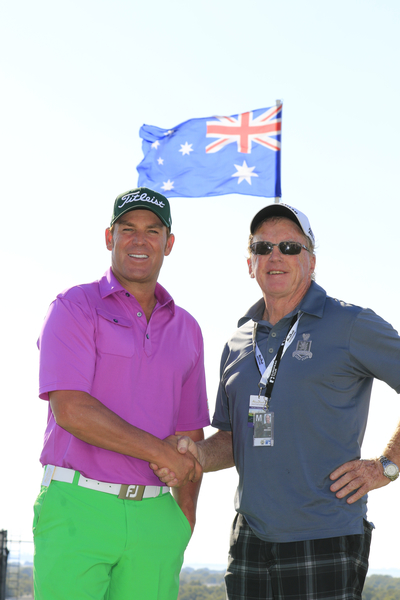 Fran Caffrey's great shot of Bernie and Shane Warne with the Australian flag perfectly positioned between the two proud Aussies at Yas Links. Abu Dhabi.