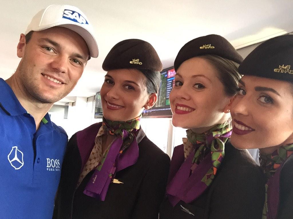 Etihad ambassador Martin Kaymer meets some of Etihad's flight crew. 