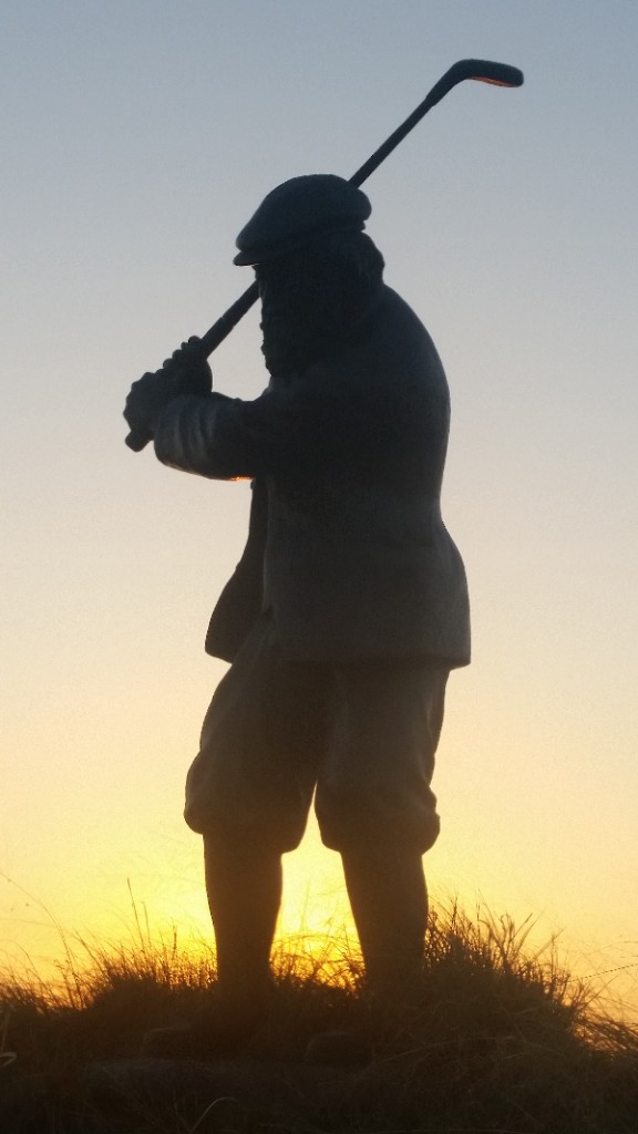 Old Tom Morris stands watch at the entrance to Yas Links, Abu Dhabi.