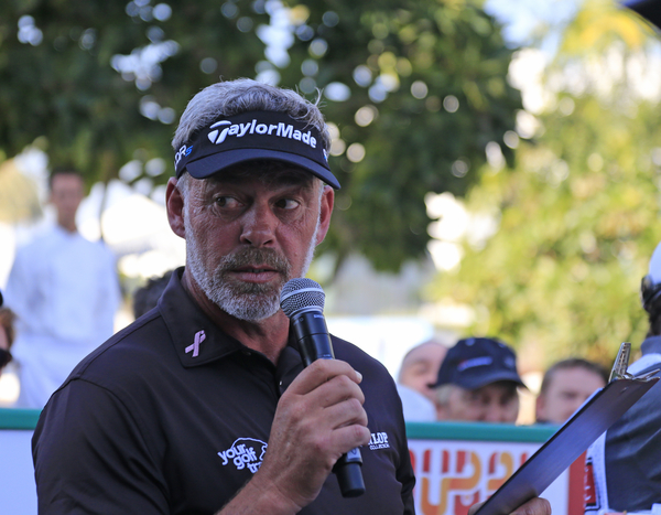 Ivor Robson beware! Darren Clarke takes to the microphone to introduce players to the tee in Tuesday's Challenge. (Photo - Eoin Clarke/www.golffile.ie)