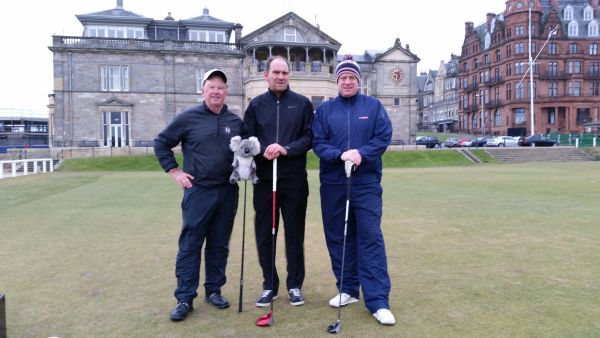Bernie, Martin and James on 1st tee Old Course, St. Andrews.
