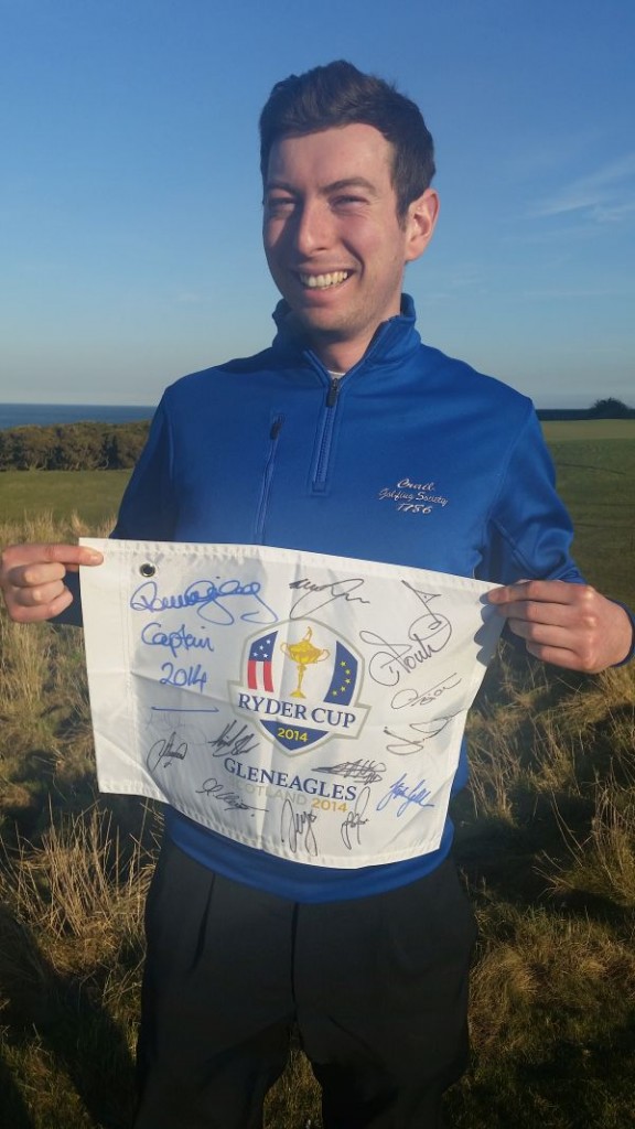 Crail Assistant Professional, David Snodgrass with complete signatures of victorious 2014 European Ryder Cup team.