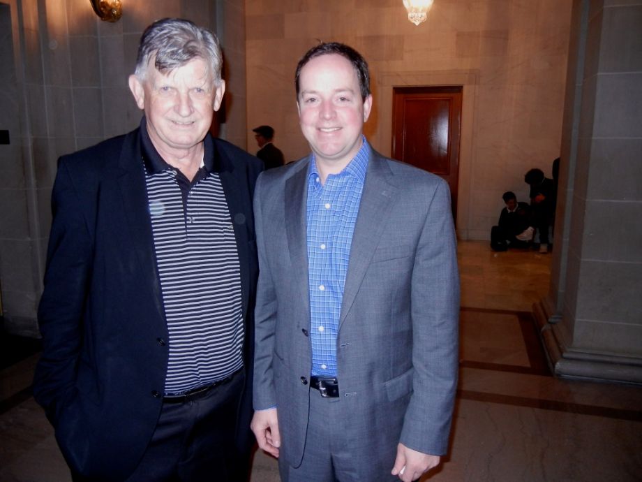 Donegal-born Fr. Brendan McBride (left in photo) of the Irish Pastoral Center in San Francisco who met Paul McGinley on arrival, and who suggested the pair take a walk when McGinley's car was broken into.