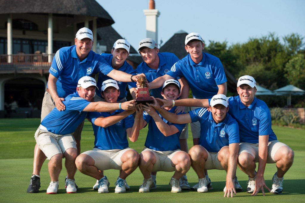 The victorious Scottish Golf Union team roared to victory to claim the sixth annual Leopard Trophy at Leopard Creek in South Africa.  (Photo - Roger Sedres / Image SA).  (Back, left to right – coach David Orr, Scott Gibson, Jamie Savage and Ben Kinsley; front, left to right – Craig Ross, Ewen Ferguson, Connor Syme, Danny Young and Greig Marchbank). 