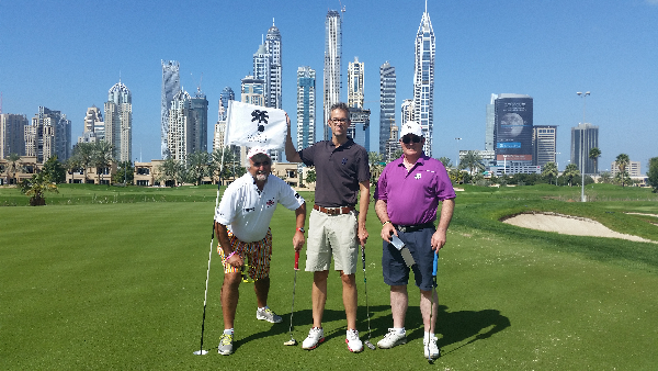 PJ, Frank & Stuart on the green at the par 3, 2nd hole Faldo Course, Emirates GC.