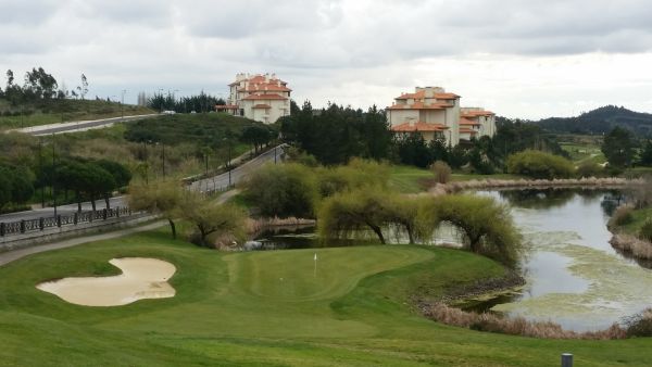 The signature hole at Belas Golf Club - the par 3 17th and named 'Postage Stamp' and where three of the four matches today were decided.