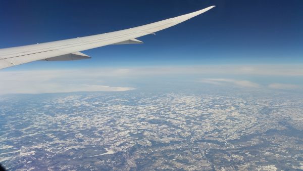 A winter scene at 39,000 feet high over Pennsylvania.