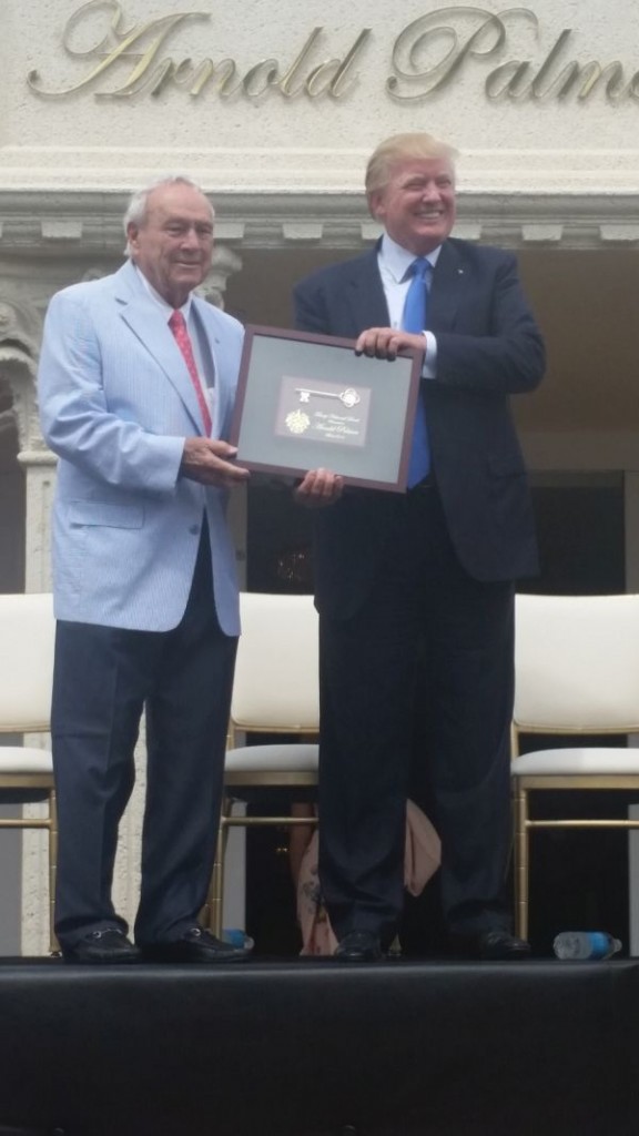 Arnold Palmer presented with a ceremonial key by Donald Trump at the official opening of the 'Arnold Palmer Suites' at Trump International Doral.  (Photo - www.golfbytourmiss.com)