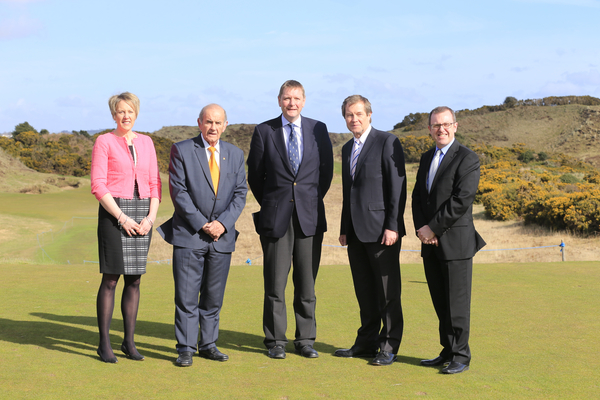 Kathryn Thomson, Chief Operating Officer, Tourism Northern Ireland, Colm McLoughlin, Executive Vice Chairman, Dubai Duty Free, Captain RCD Kenneth McCaw, George O'Grady, Chief Executive, European Tour, and Barry Funston Chief Ececutive, Rory Foundation,at the announcement of title sponsor for the Irish Open to be the Dubai Duty Free Irish Open, to be held at Royal Co Down Golf Club, Newcastle, Co Down, Northern Ireland. Picture: Fran Caffrey / www.golffile.ie
