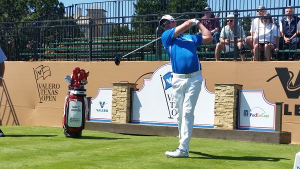 Marc Warren tees off during a practice round on the TPC San Antonio course ahead of the 2015 Valero Texas Open. (Photo - www.golfbytourmiss.com)