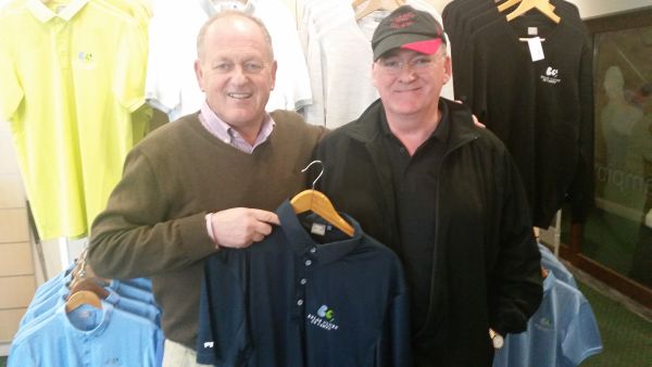 Paul Saunders, Director of Golf at Belas GC presents Alastair McMeekin with a club shirt. (Alastair wins on a count back from George Morris and after Roger Watson won a shirt a day earlier)