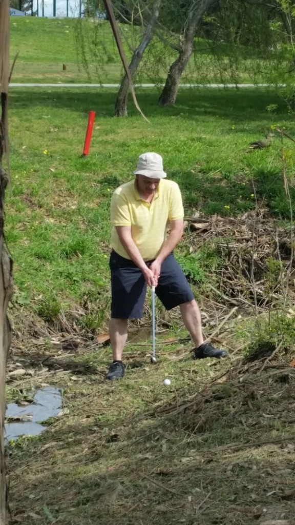 Rodger Watson, and clearly one of the best dressed competing here in Lisbon, in a spot of bother down the left side of the 9th hole at Beloura.