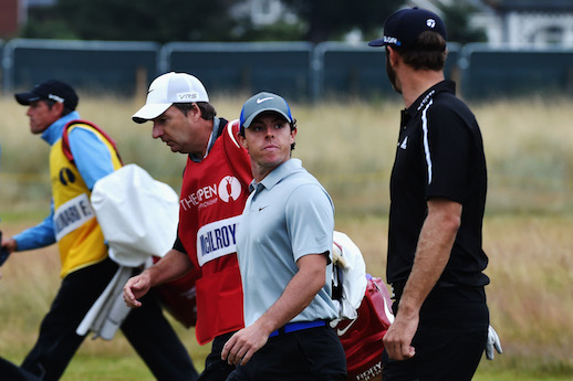 Rory McIlroy and Dustin Johnson chatting during last year's Open Championship at Royal Liverpool.