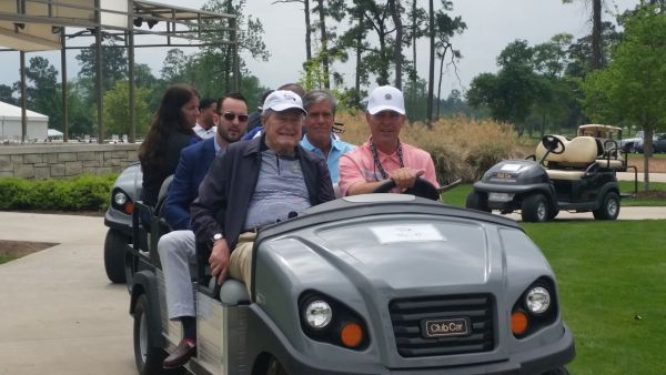 41st USA President g Bush leaving the the Golf Club of Houston clubhouse to watch the second round of the 2015 Shell Houston Open.