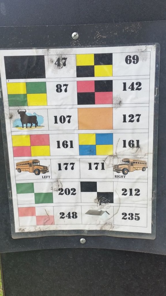 Distances to the Texas steer and two former school buses.