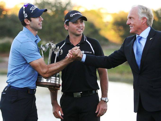 Greg Norman shaking hands with Cameron Tringale after both he and Jason Day (middle) captured last December's Franklin Templeton Shootout. (Photo - www.pgatour.com)
