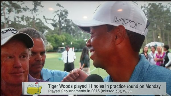 Tiger and Bernie feature across the US on ESPV TV following Tiger Wood's nine holes of practice at Augusta National