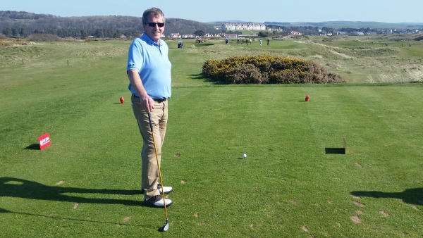 Trevor Peake looking pleased with himself after walking onto the 15th tee 'all square' but he didn't count on your author's heroics at 16 and 17.