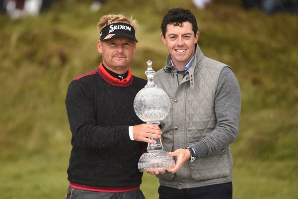 Dane Soren Kjeldsen congratulated by Rory McIlroy after capturing the Dubai Duty Free Irish Open. (PHoto - www.europeantour.com)