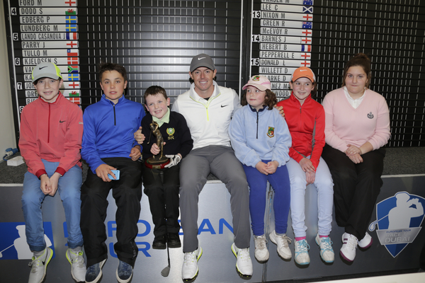 Rory MCILROY (NIR) meets with the Down Junior Challenge winners in the media centre ahead of the 2015 Dubai Duty Free Irish Open, Royal County Down Golf Club, Newcastle Co Down, Northern Ireland. 27/05/2015 Picture Fran Caffrey, www.golffile.ie