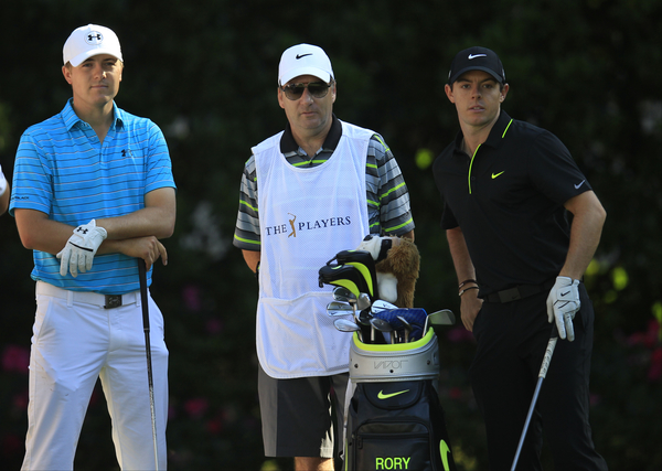 Jordan Spieth watches the shot of Rory McIlroy on day one of the 2015 Players Championship. (Photo - Fran Caffrey/www.golffilie.ie)