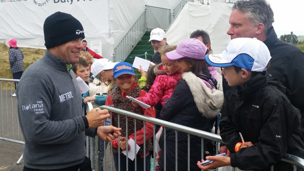 Richie Ramsay leaves the scorer's hut to sign autographs ahead of speaking to the media post day three at the Irish Open.