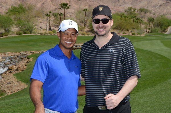 Tiger Woods and 13-time World Series of Poker champion Mike Hellmuth.