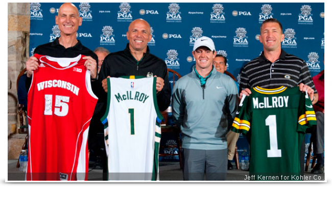 What team to support? Rory McIlroy receives jerseys from the University of Wisconsin, the Milwaukee Bucks and the Green Bay Packers during his visit to Whistling Straits for a 2015 PGA Championship media outing. (Photo - PGA of America).