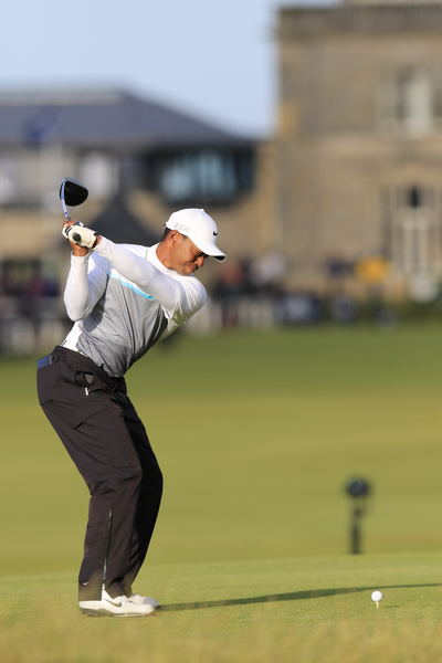 Tiger WOODS (USA) tees off the 18th green during Saturday's delayed Round 2 of the 144th Open Championship, St Andrews Old Course, St Andrews, Fife, Scotland. 18/07/2015. Picture Eoin Clarke, www.golffile.ie