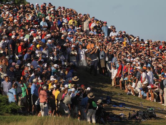 Dustin Johnson some 20 yards inside the spectator ropes at the 2010 PGA Championship and about to be handed a two stroke penalty.