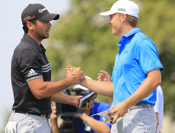 PGA Championship rivals - Jason Day and Jordan Spieth shake hands after their duel in the Wisconsin sun. (Photo -Eoin Clarke/www.golffile.ie)