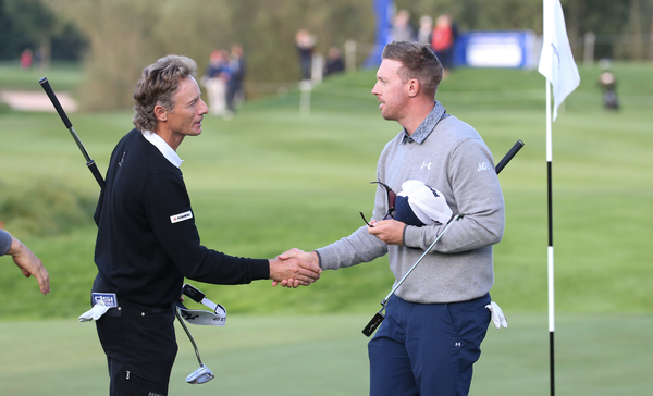 Bernhard Langer (GER) and Hunter Mahan (USA) shake hands after two successful rounds during the First Round of the Porsche European Open 2015 played at Golf Resort Bad Griesbach, Bad Griesbach, Germany. 24/09/2015. Picture: Golffile | David Lloyd All photos usage must carry mandatory copyright credit (© Golffile | David Lloyd)