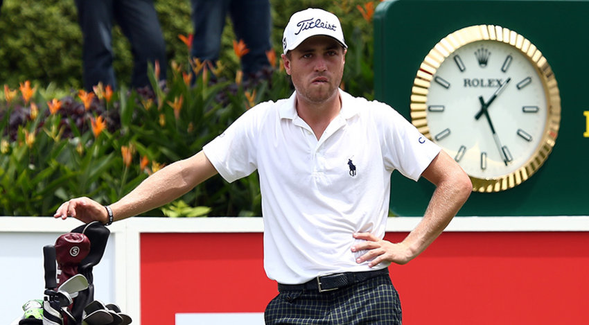 Justin Thomas looking proud with himself on route to a round of 61 to lead by a shot after two rounds of the CIMB Classic.