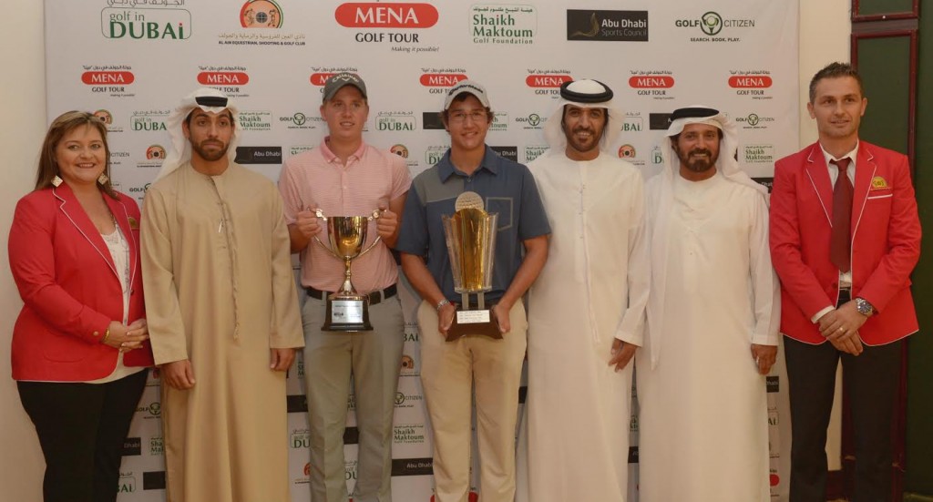 Scott Campbell and Thriston Lawrence (eyeglasses) with Mohammed Rashid Al Nasri, general manager of Al Ain Equestrian, Shooting and Golf Club, Saif Thabet of Abu Dhabi Sports Council, Mohamed Juma Buamaim, chairman of the MENA Golf Tour, Charmaine Bakker, Lady Captain, and Bogdan Schiopu, Gents captain.