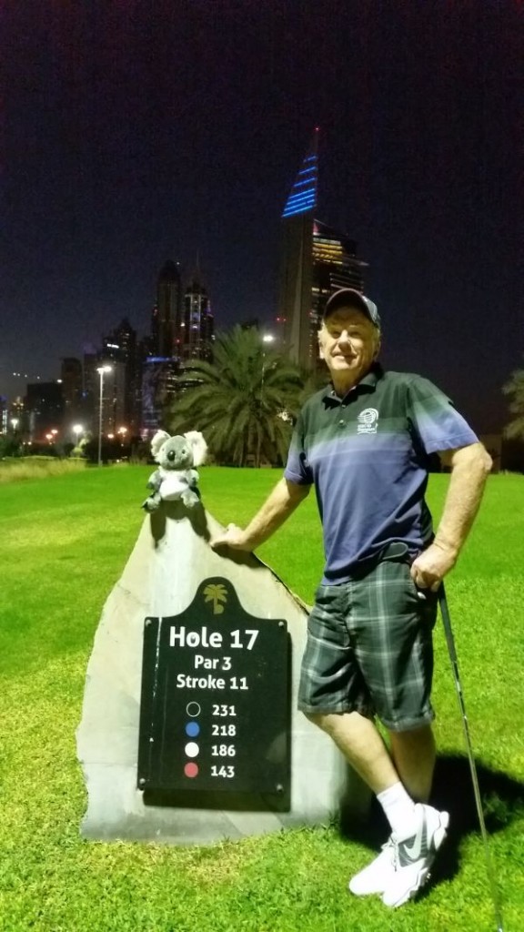 Bernie and his 'Koala' head cover at 17th tee marker.