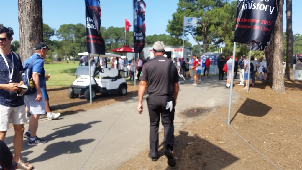 Darren Clarke heads to the scorer's hut after a final round 75 at the 100th Australian Open.