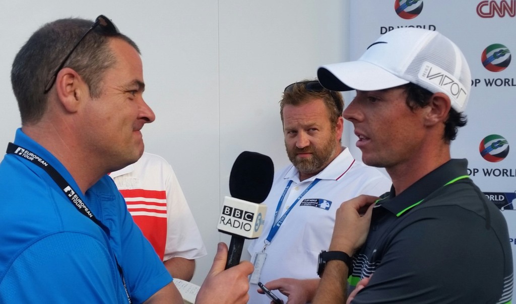 BBC's 5-Live Iain Carter speaking with Rory McIlroy post second round.