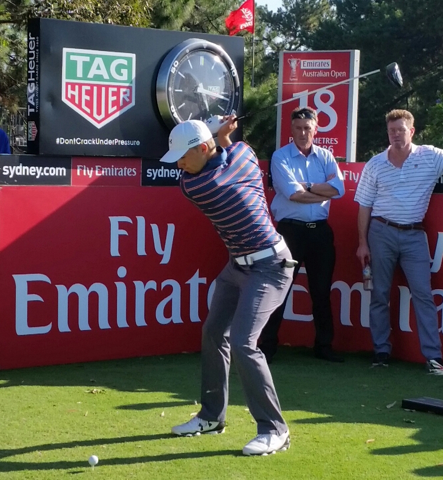 Jordan Speith drives off the 18th tee in today's Australian Open Pro-Am (Photo - www.golfbytourmiss.com)
