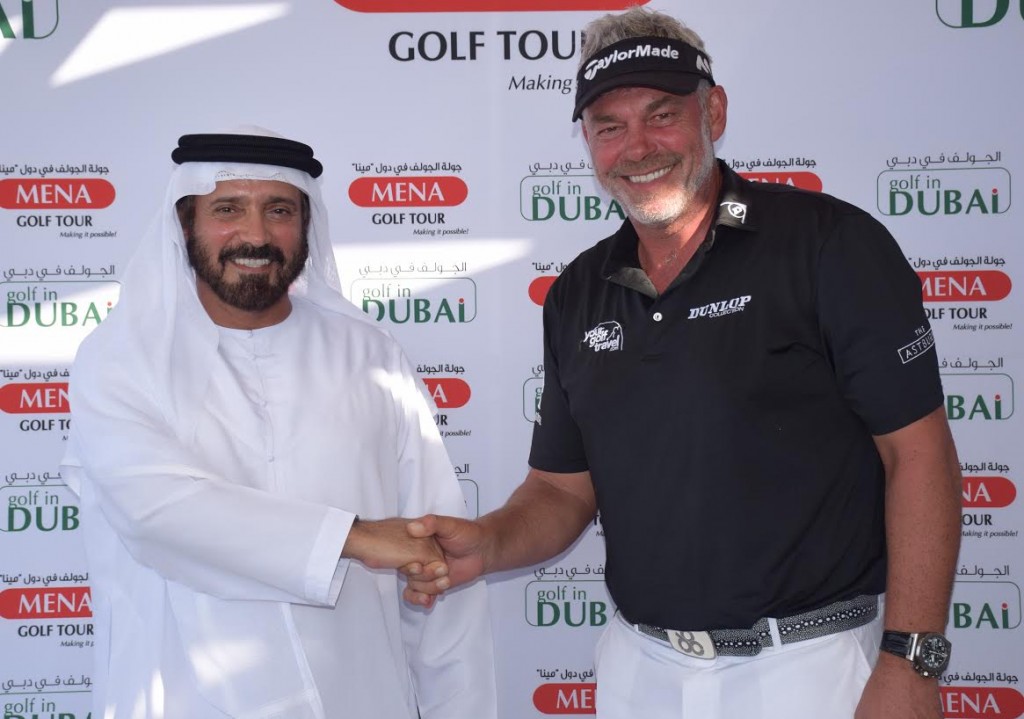 Mohamed Juma Buamaim, chairman of the MENA Golf Tour, with Darren Clarke at Tower Links Golf Club in Ras Al Khaimah on Tuesday