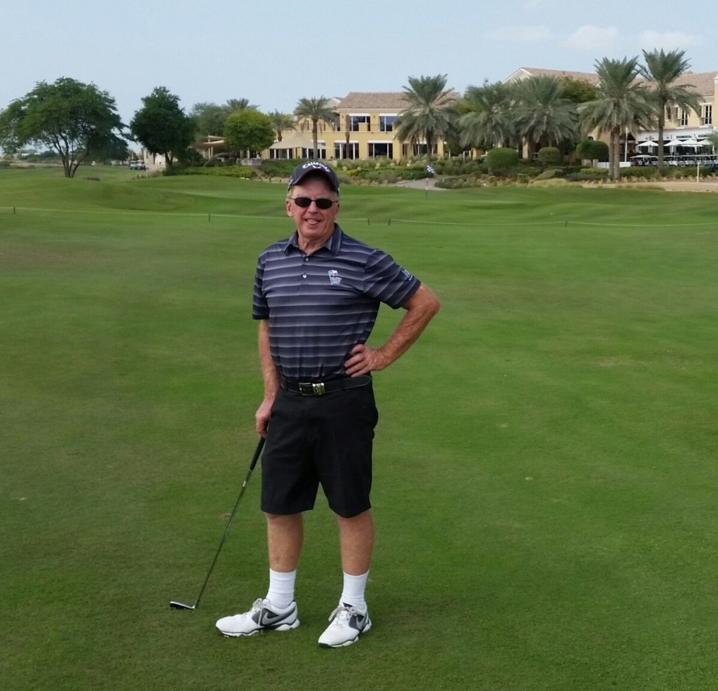Bernie on the 9th hole at Arabian Ranches.