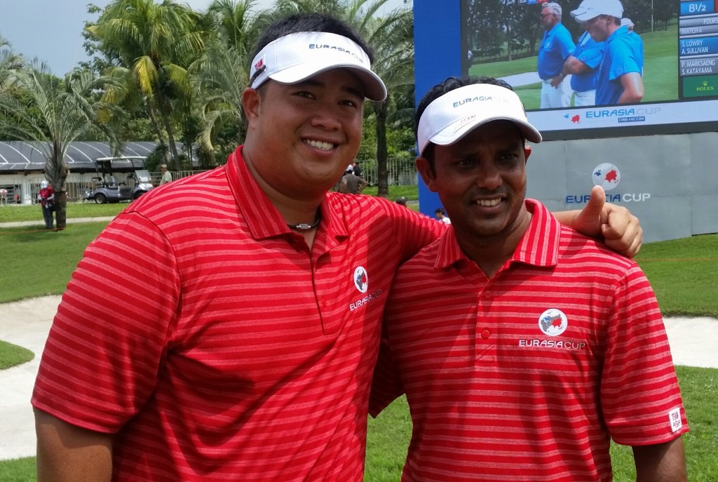 Kiradeck Aphibarnrat and SSP Chawrasia celebrate after securing the only victory for Asia on day two of the EurAsia C