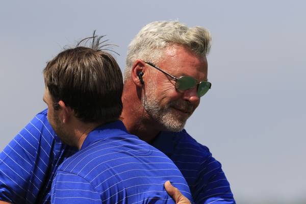 Team Captain Darren Clarke congratulates Andy Sullivan (ENG) Team Europe on winning his match at the 15th green during Sunday's Singles Matches of the 2016 Eurasia Cup presented by DRB-HICOM, held at the Glenmarie Golf & Country Club, Kuala Lumpur, Malaysia. 17th January 2016. Picture: Eoin Clarke | Golffile All photos usage must carry mandatory copyright credit (© Golffile | Eoin Clarke)