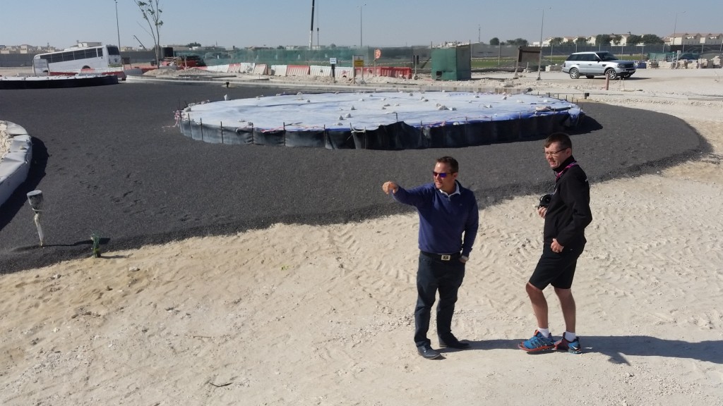 Ed Edwards, General Manager at Qatar International Golf Club pointing out to Eoin Clarke features of the course.