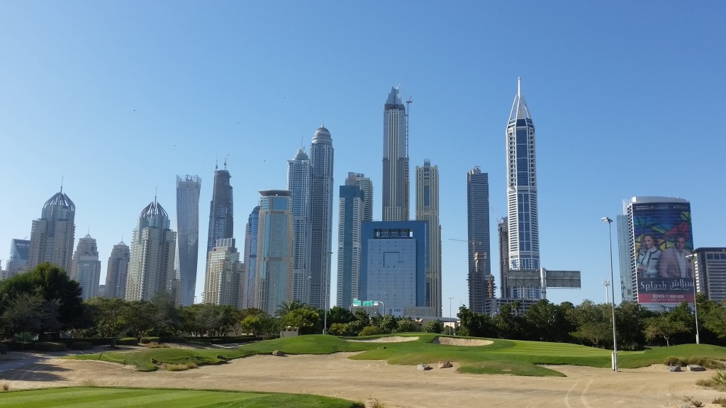 The ever-changing Dubai skyline with the 8th hole in the foreground