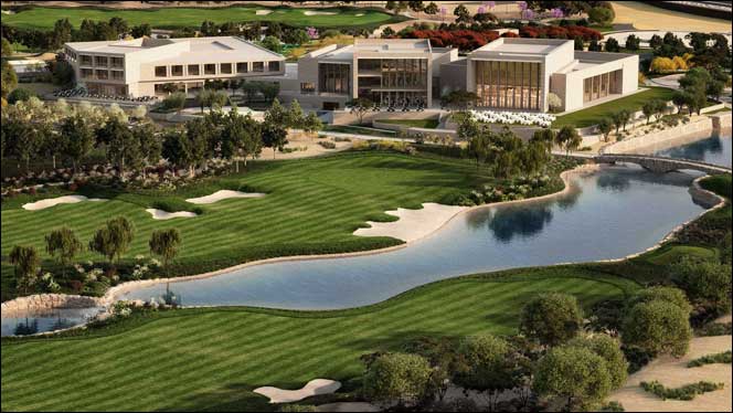 The 18th hole leading the to stunning clubhouse at Qatar International Golf Club.