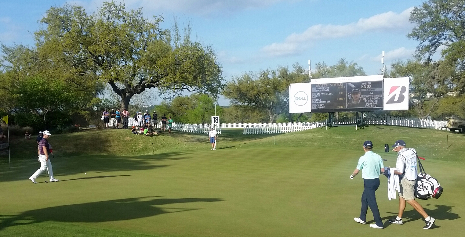 Russell Knox makes his way onto the final green and a halve with Sweden's David Lingmerth.