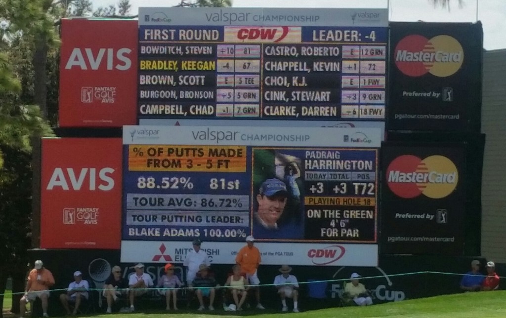 Padraig Harrington faced a testing putt he holed for par in a round of 74.